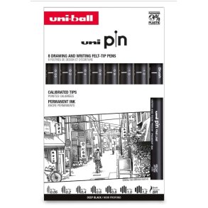 Uni Pin Fineliners, st m. 9 fineliners  0,05 til 1,2 mm + brushpen