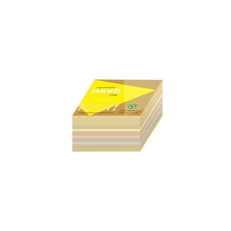 Stick'n cube notes i genbrugspapir, blok med blandede farver - 76x76mm