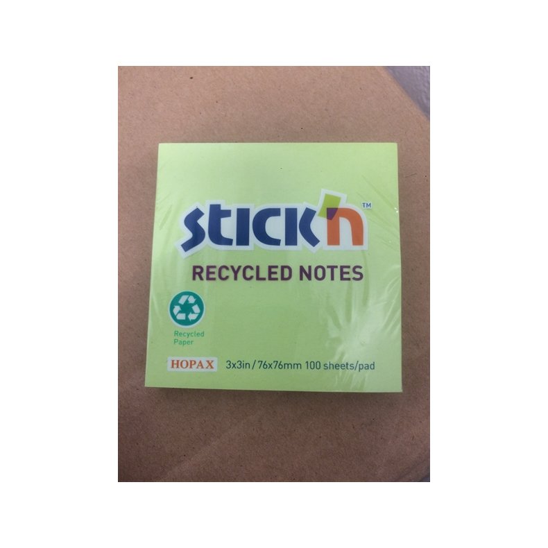 Stick'n Recycled Notes - 76x76mm - Lysegrn